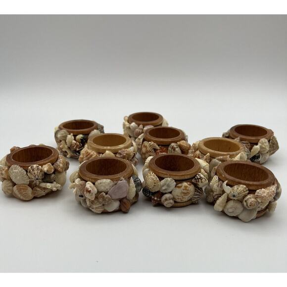 Set 8 Vtg Mixed Sea Shell Wood Napkin Rings Beach Ocean Nautical Boho - Picture 4 of 12